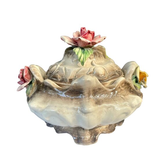 Vintage Capodimonte Ceramic Covered Dish with Roses Flowers Italy Capodimonte Po - Picture 3 of 8